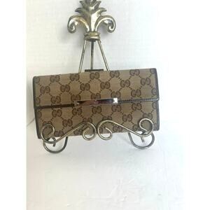 Gucci 154258 GG Long Bi-fold Brown Canvas Leather Wallet